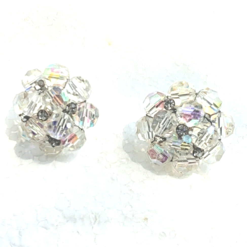 Vintage Signed Vogue Ab Crystal Clip Earrings